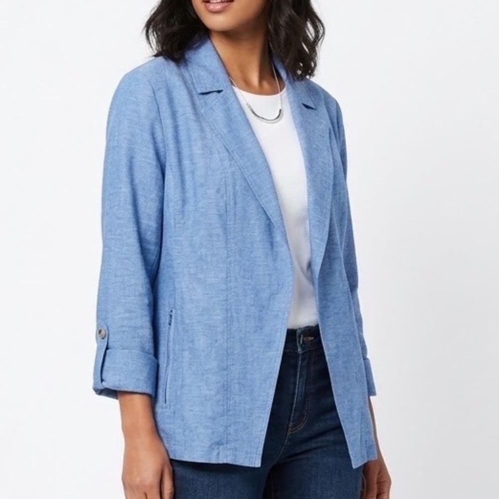Chicos Blue Linen Blend Open Front Blazer Jacket Size 2 Large Zip Pockets